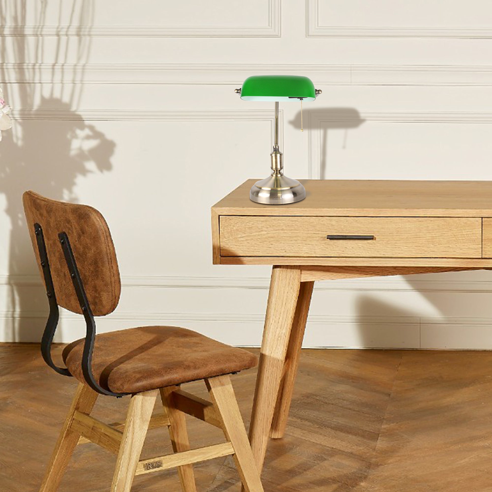 FISHTEC - Lampe banquier verte vintage - opaline inclinable - E27 60W - cuivre/laiton - chaînette - 38x26,5 cm - 2