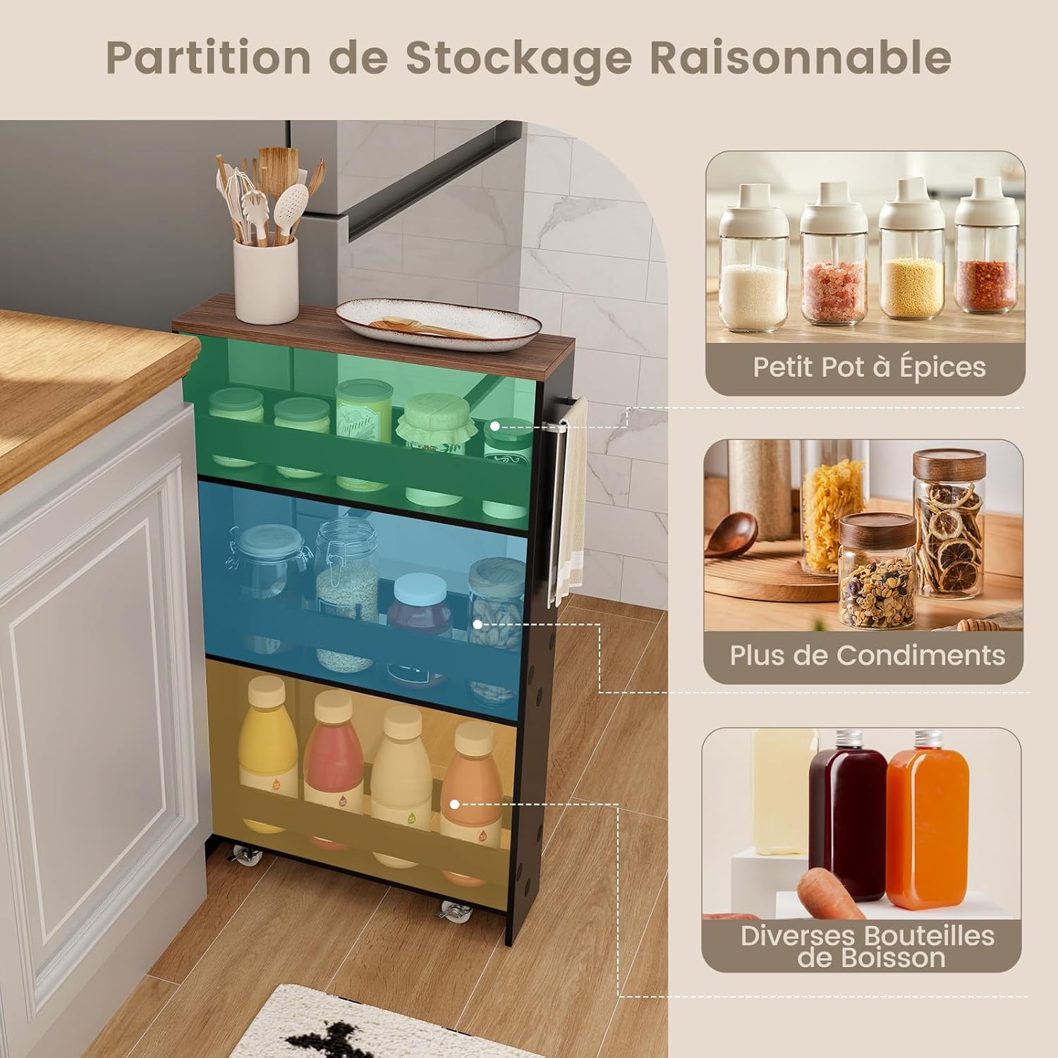 Chariot de Rangement Largeur 13 cm à roulettes, Desserte de Cuisine à 4 Niveaux, Poignée Latérale et Roues Universelles avec Freins (Noir + Brun) - 3