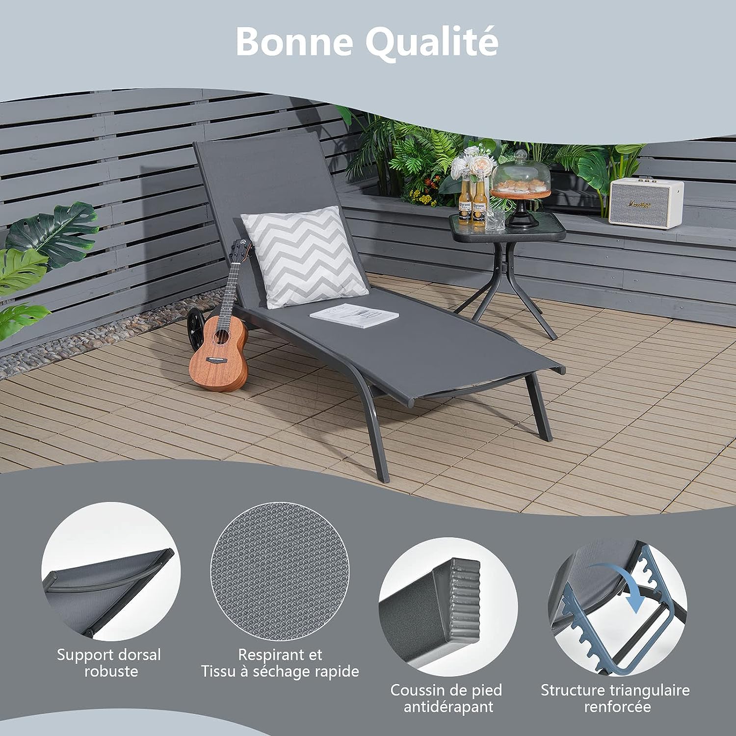 Bain de Soleil Inclinable à Dossier 6 Niveaux, Transat Jardin Exterieur avec Roues, Auvent Réglable, Charge 150 KG (Gris,Style 2) - 4
