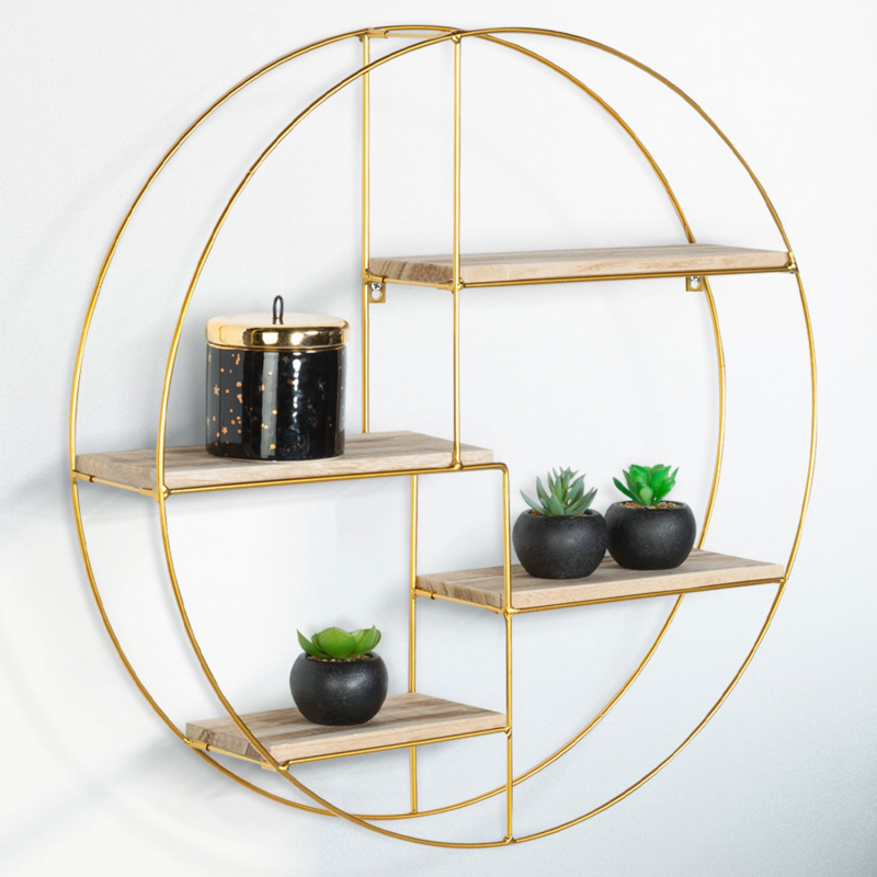 Étagère Murale Ronde Lily 4 Niveaux – Bois & Métal Noir, Design Industriel Élégant, Diamètre 55 Cm