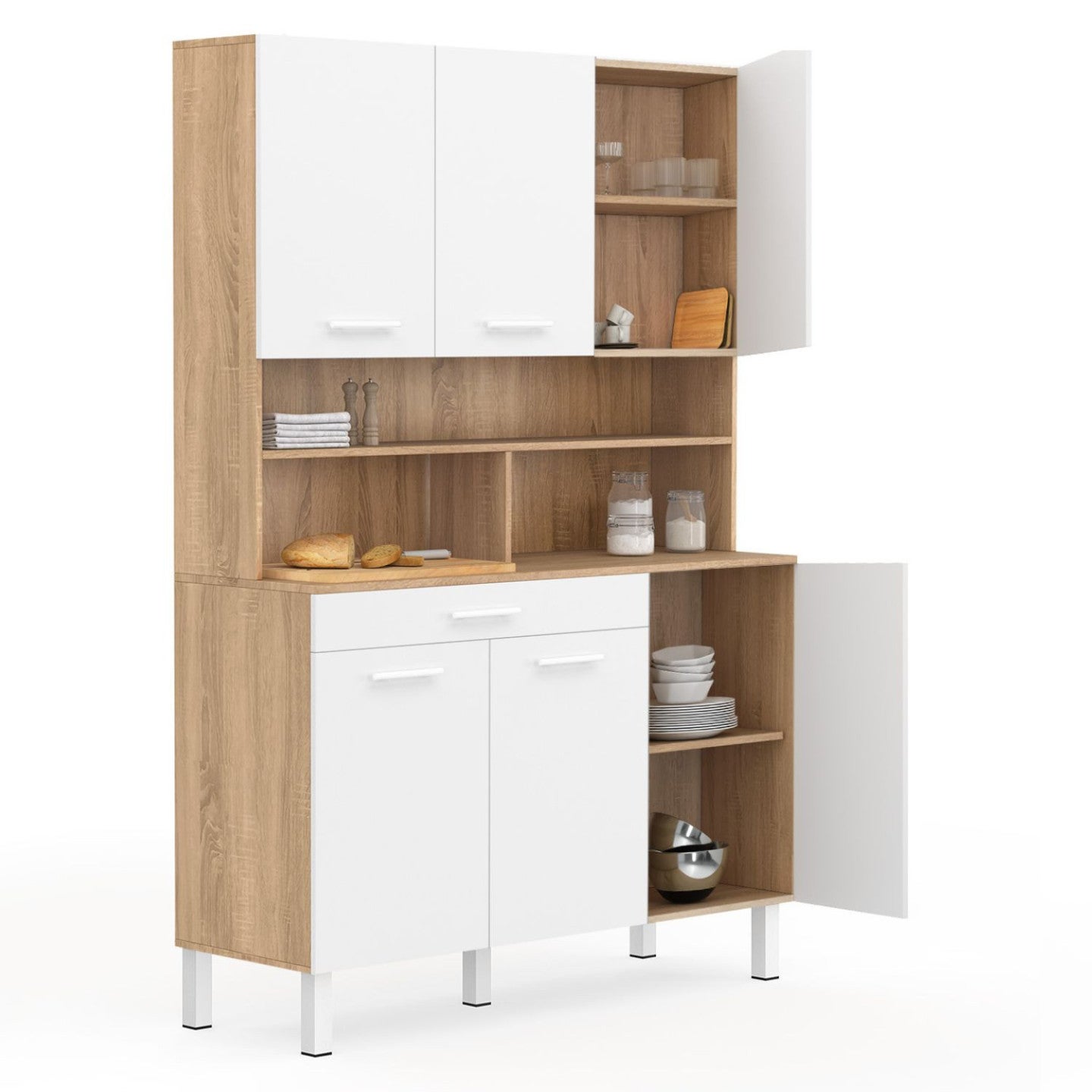 Buffet de cuisine 120 CM CINA 6 portes + tiroir façon hêtre et blanc - 4
