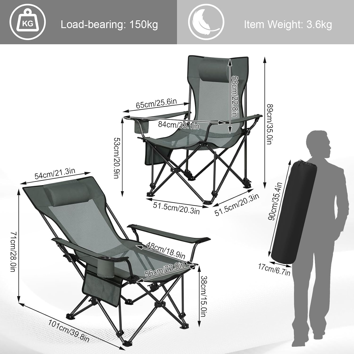 Chaise Pliante De Camping WOLTU - Dossier Réglable, Supporte 150 Kg, Idéale Pêche Et Extérieur