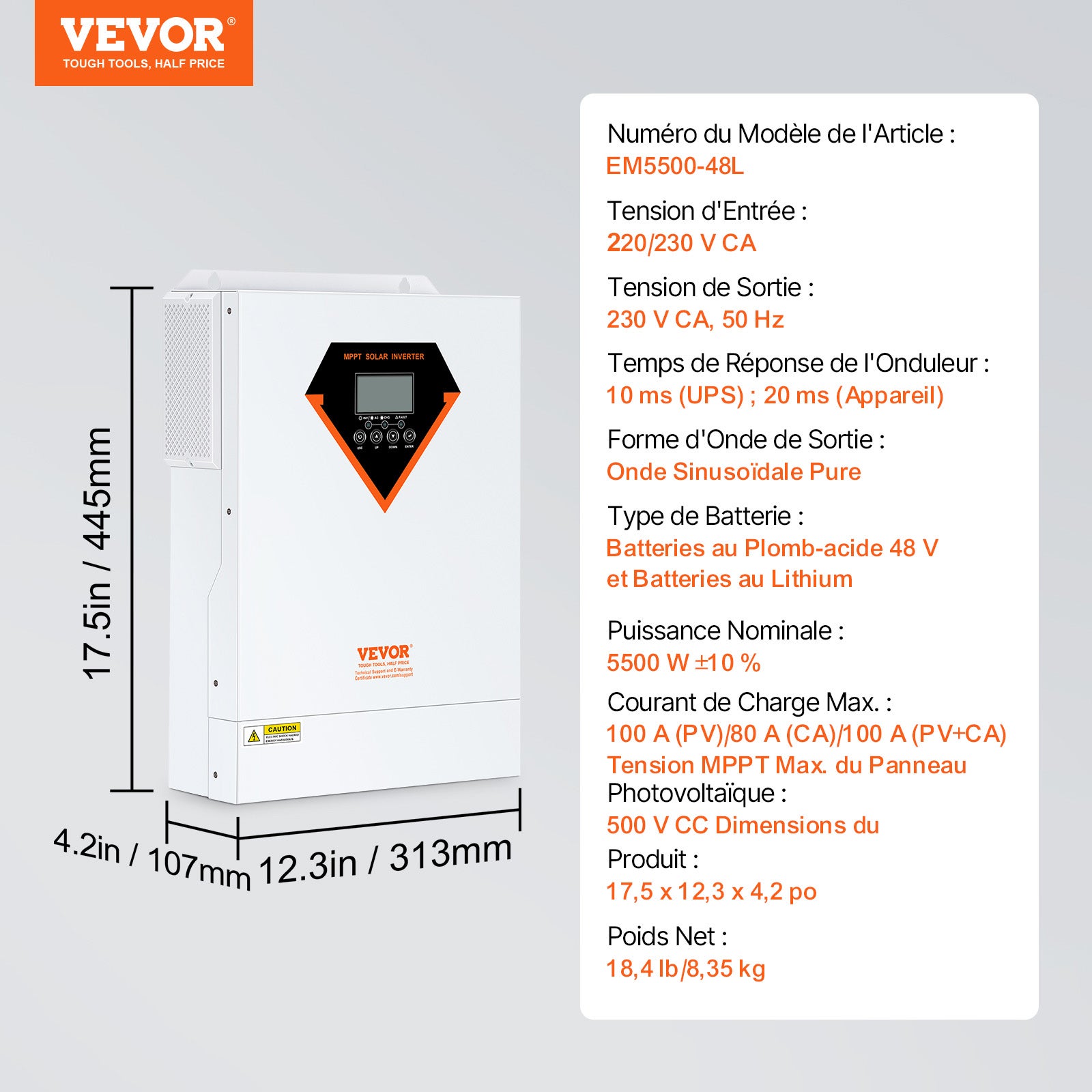 Onduleur Solaire Hybride VEVOR 5500 W, 230 V, Onde Sinusoïdale Pure, MPPT 100 A Intégré, Charge Hybride Réseau/Utilitaire/Solaire, Hors Réseau - 7