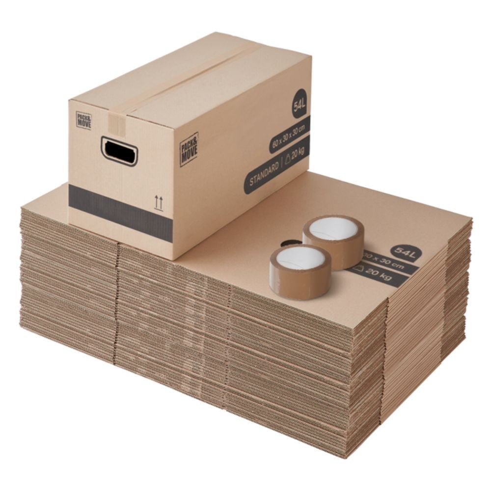 Pack and Move - Lot 40 cartons déménagement stockage standard - 60 x 30 x 30 cm - Poignées renforcées - 2 adhésifs offerts - 2