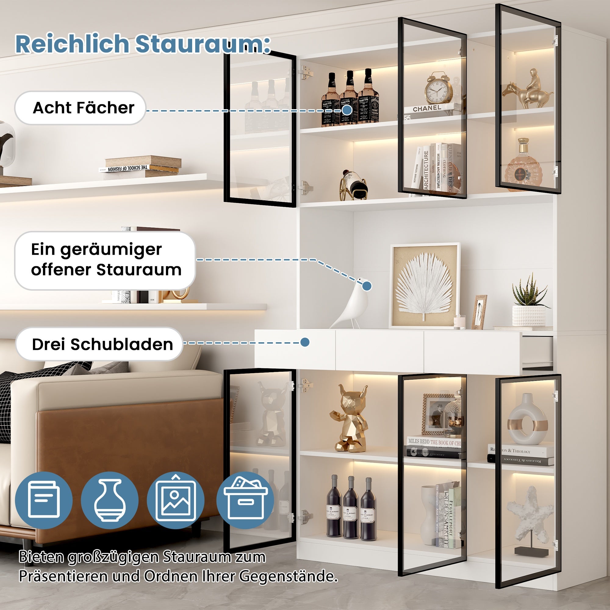 Vitrine d'exposition，Éclairage LED，Bibliothèque de rangement，Pour collection et salon，240 x 200 x 36 cm，Blanc - 4