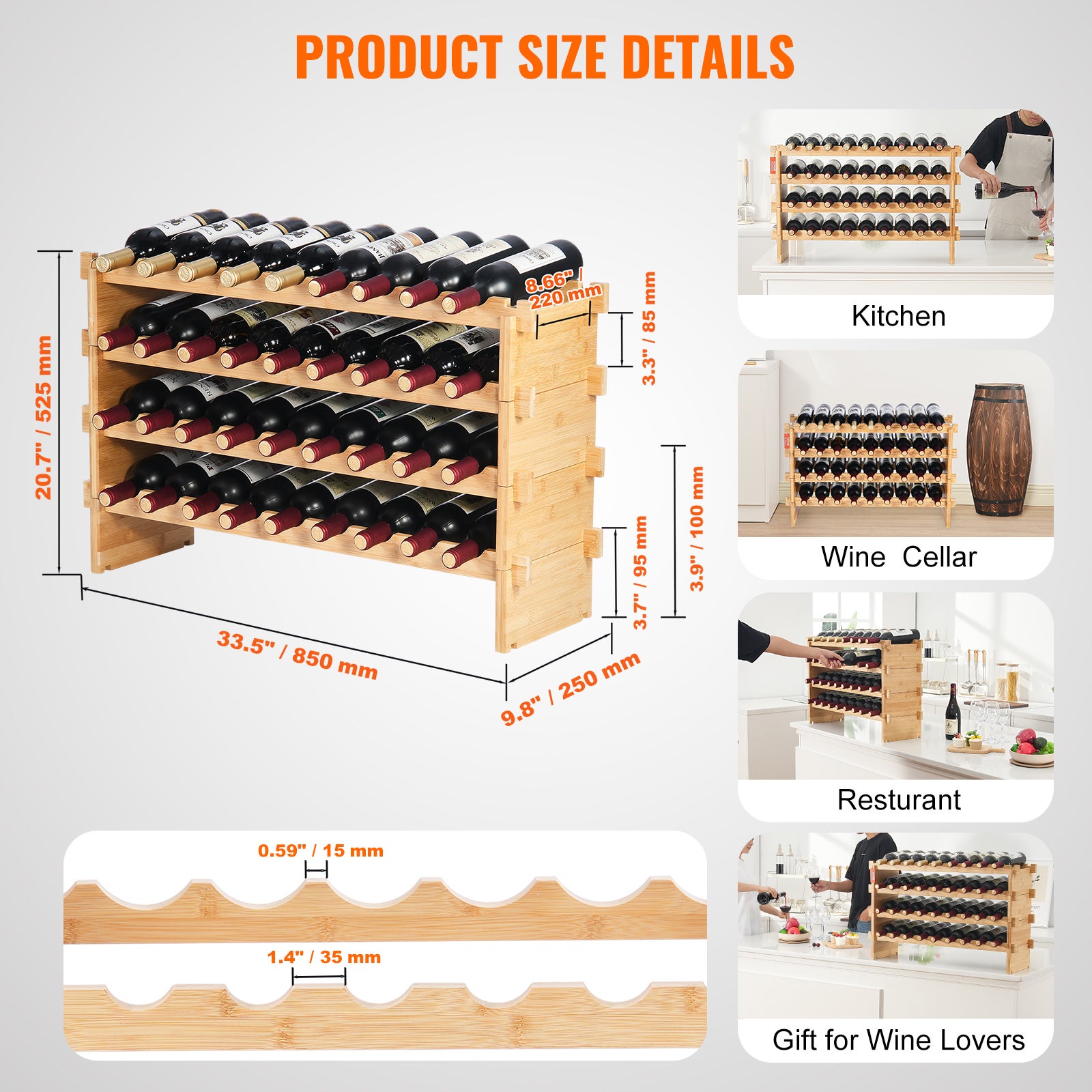 Vinoteca modular con pouvant que contiene VEVOR 36 bouteilles,4 nichos,de bambú,autoportante,apto para cocina,en la barra,acabado natural - 7