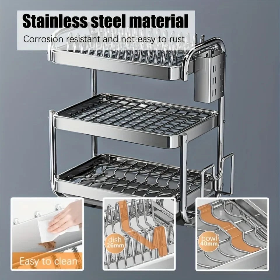 Escurridor de platos de cocina de dos capas, multifunción, de acero inoxidable, ahorra espacio y almacena tablas de cortar. - 3