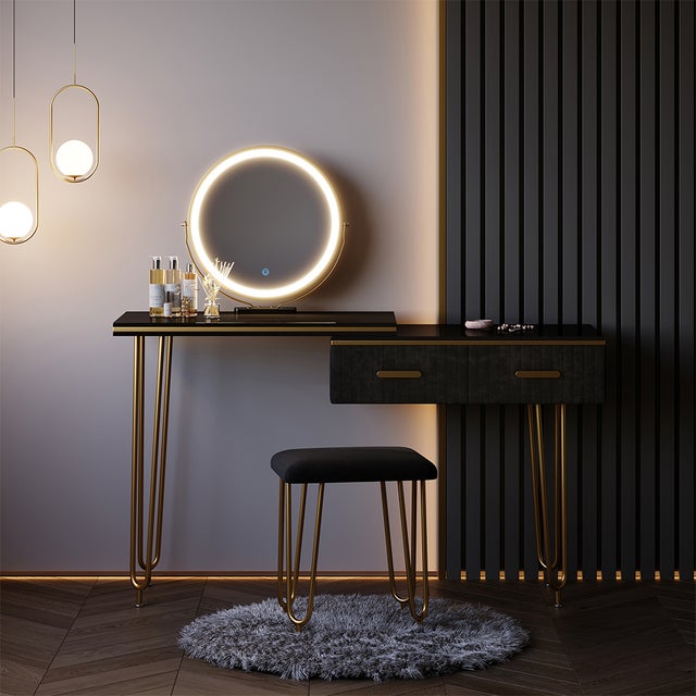 Vicco Stół do toalety Zoey, Czarny, 120 cm z lustrem LED i stołkiem