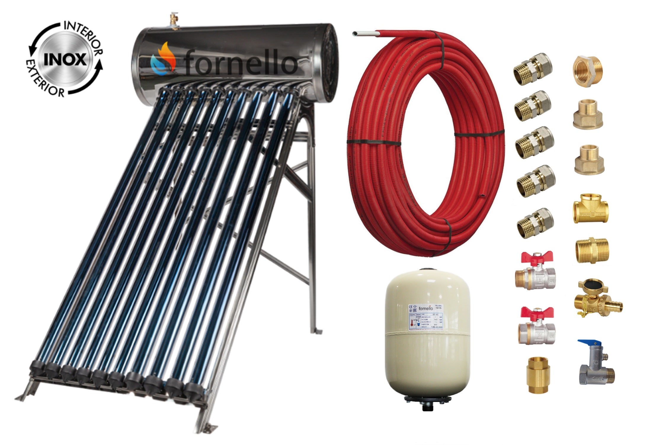 Pachet panou solar presurizat compact FORNELLO SPP-470-H58/1800-10-c cu 10 tuburi vidate de tip heat pipe si boiler din inox de 92 litri, Teava, Vas E