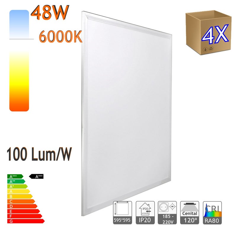Zestaw x4 panele LED, 60x60cm, moc 48W, barwa chłodnobiała 6000K, 3900 lumenów, biała ramka, do wbudowania w sufit, sterownik w zestawie