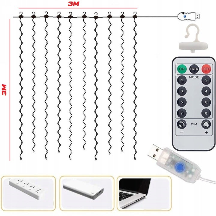 Kurtyna świetlna LED RGB 3x3m 300 diod USB 5V IP44 8 trybów z pilotem lampki wewnętrzne ozdoba multikolor MasterLED - 2