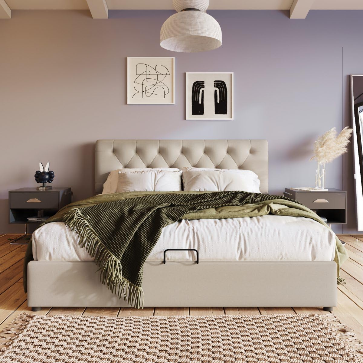 KOMHTOM Lit capitonné 160 x 200 cm, Lit double avec sommier à lattes en métal avec fonction hydraulique et rangement - Gris (sans matelas) - 3