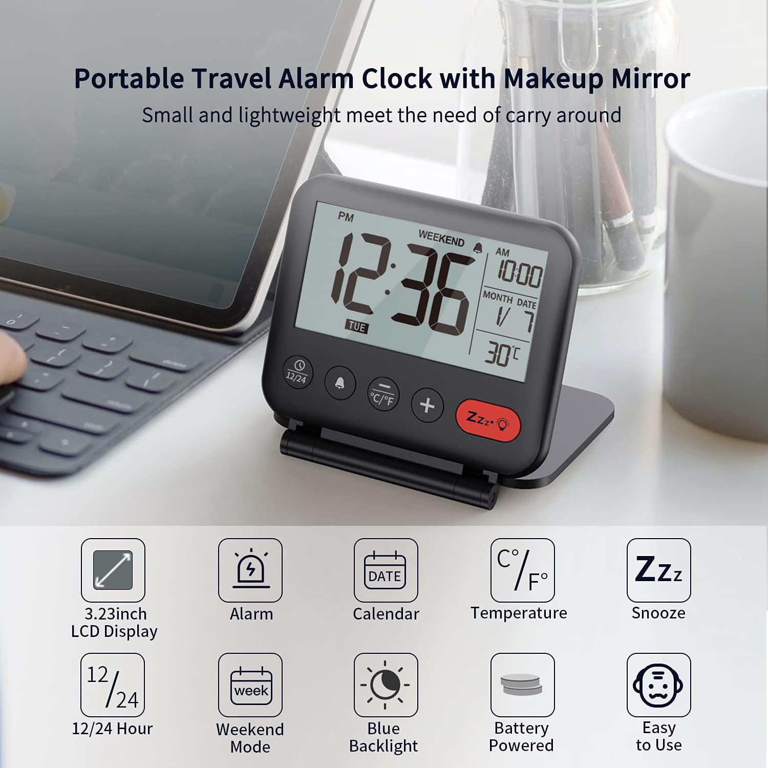 Réveil de voyage Mini portable LCD numérique avec calendrier rétroéclairé, affichage de la température 12/24h, miroir de maquillage, petit réveil de - 2