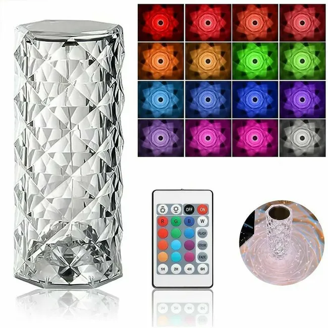 Lampada Di Cristallo Diamantata LED | 16 Colori E 4 Luminosità | Touch E Telecomando | Ricaricabile USB-C | 1500mAh