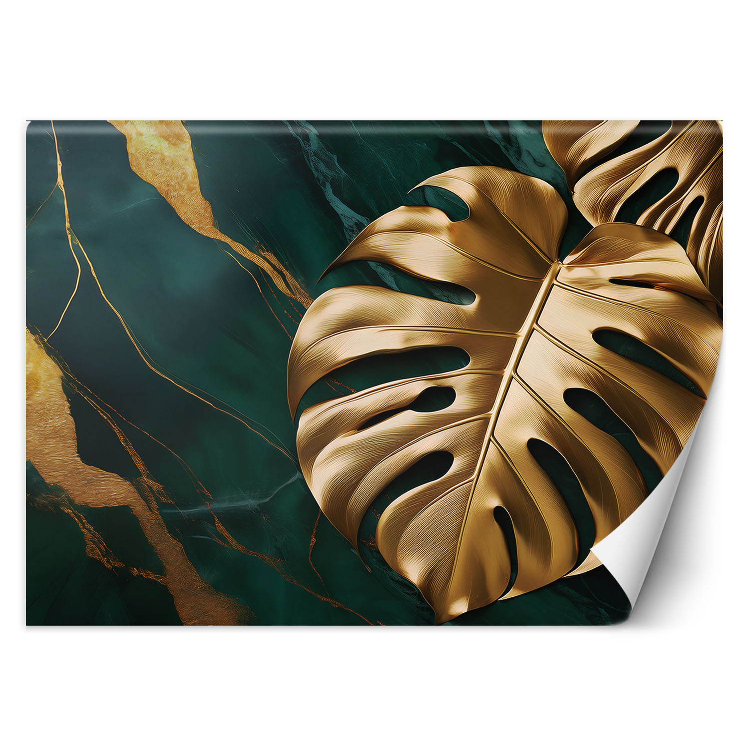Fototapeta, Monstera Złoty Liść Na Tle Zielonego Marmuru 200x140