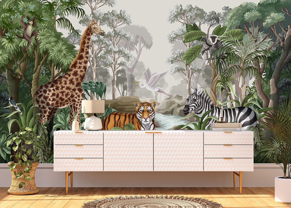 Papier peint panoramique intissé décoratif Enfants - Animaux de la Jungle - L260 cm x H154 cm - 3