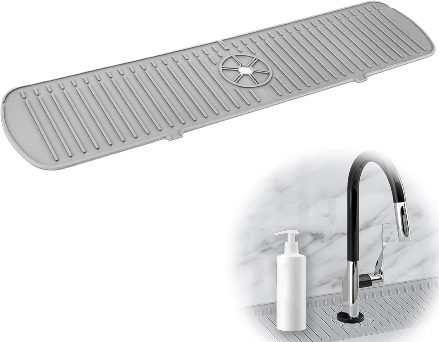 HENGBIRD Tapis D'Égouttage Étroits Silicone 42x10 Cm – Protection Robinet Cuisine Antidérapant, Drainage Ultra-Rapide Gris