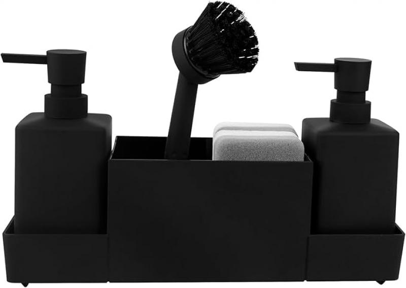 Dystrybutor płynu do naczyń 5 w 1, dozownik mydła z gąbką i szczotką na blat kuchenny, czarny, pojemność 350 ml