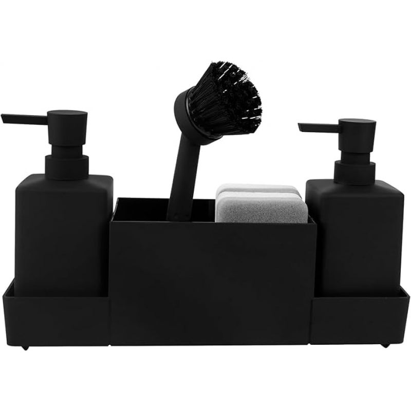 Dystrybutor płynu do naczyń 5 w 1, dozownik mydła z gąbką i szczotką na blat kuchenny, czarny, pojemność 350 ml