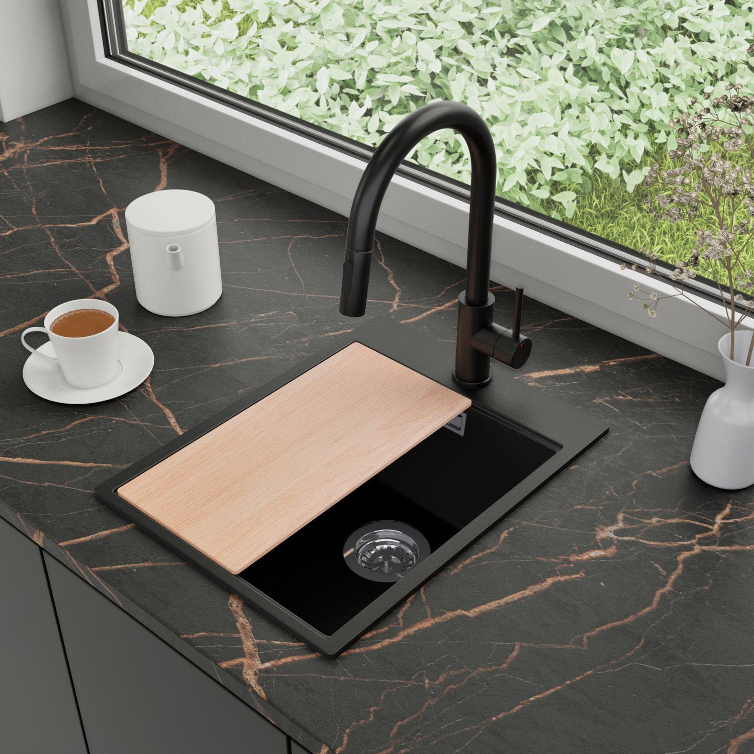 Zlewozmywak Granitowy 38x50cm, do szafki od 40cm + Bateria + Syfon + Deska - Rubin Czarny STONESTYLE