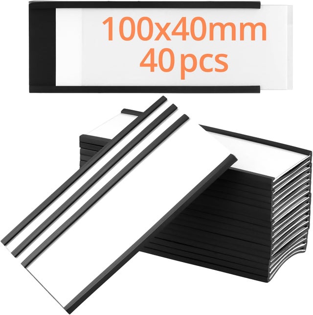 40pcs Porte-Étiquettes Magnétiques 40 x 100 mm avec Insert en Papier et Film de Protection, pour Étiquetagepour Étagère Métallique, Casier, Tableau