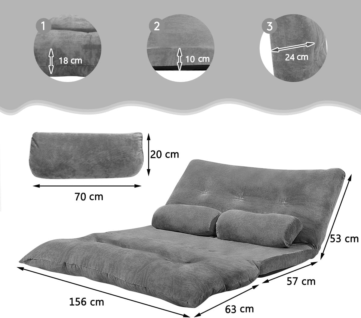 Canapé-lit avec Dossier Inclinable Réglable à 6 Positions, Pliable, pour Salon, Chambre Charge 150KG (156x173x24CM,Gris) - 3