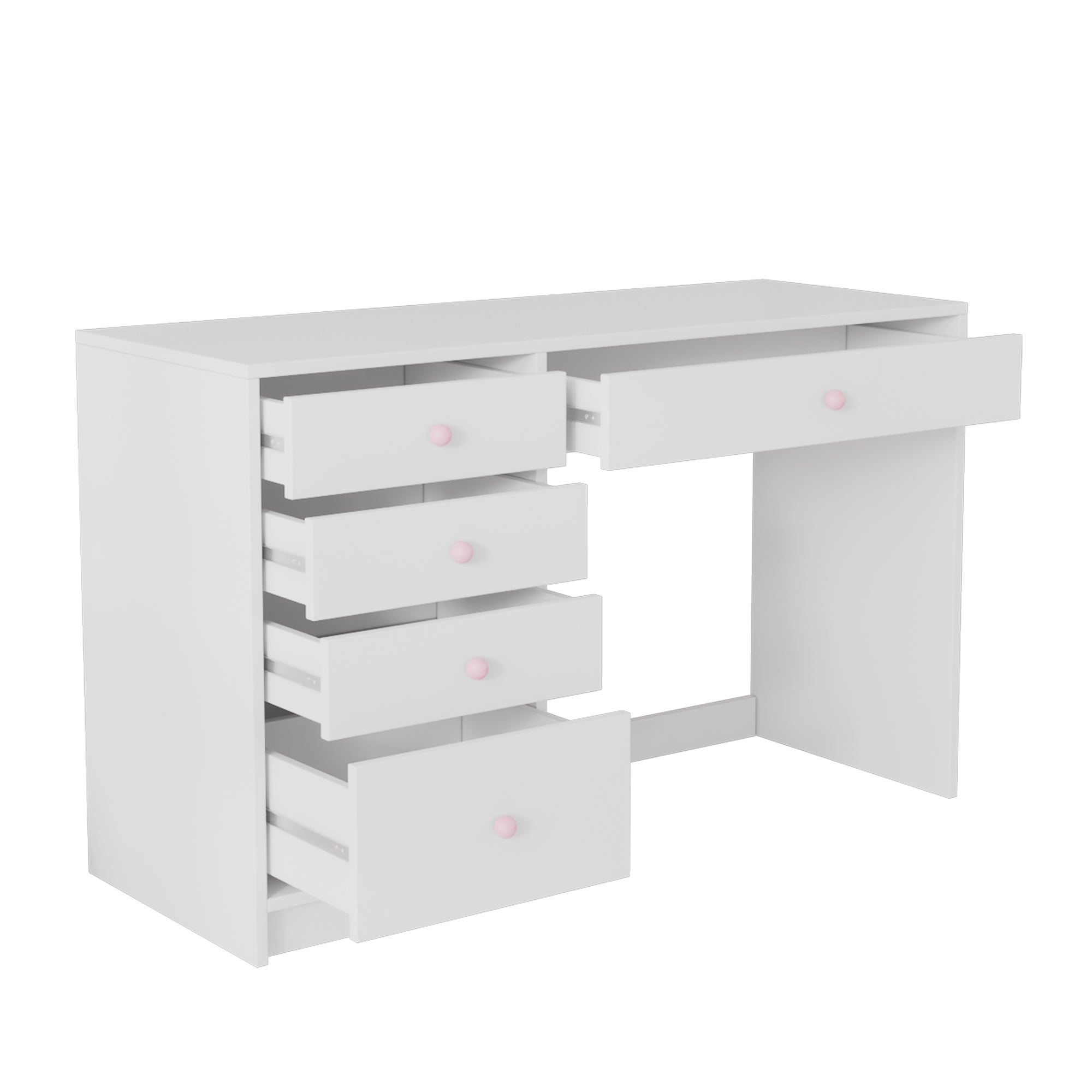 Bureau avec 5 tiroirs - 120 x 45 x 74 cm - MDF et poignées en céramique rose - Blanc - 4