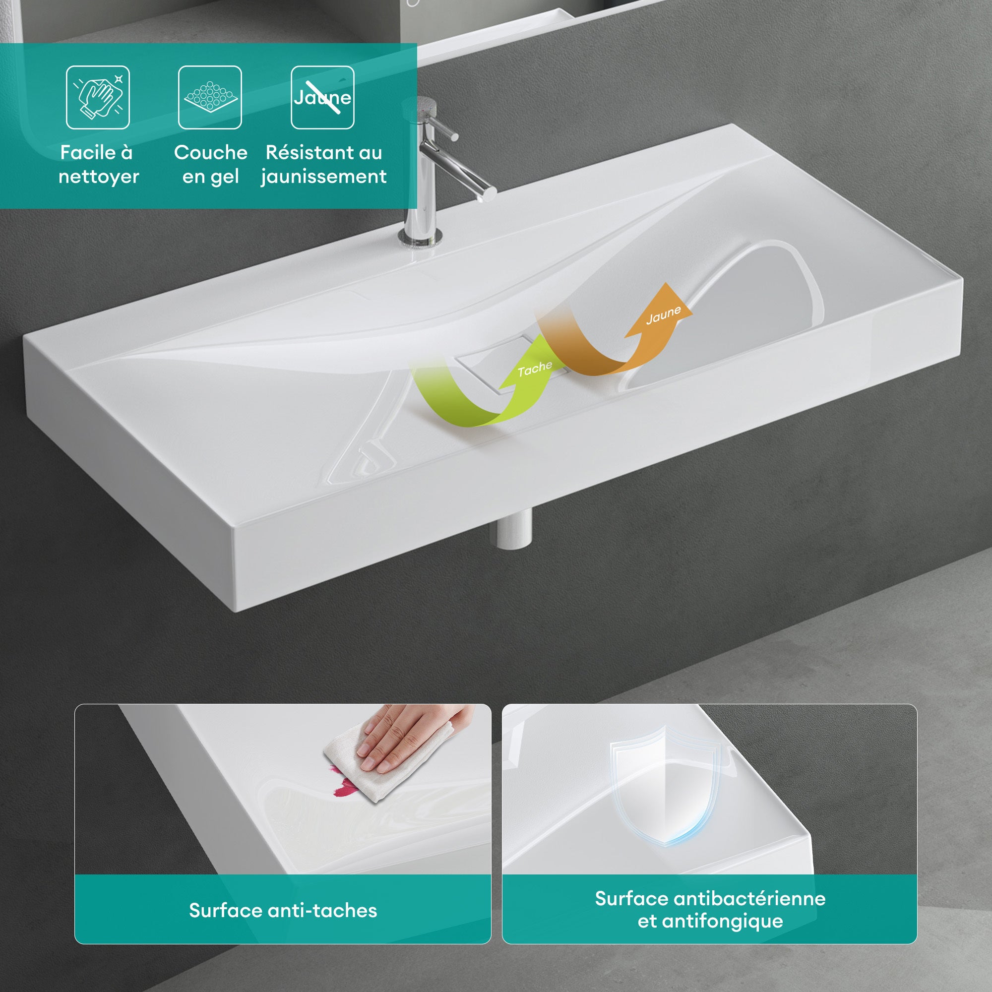 Mai & Mai Lavabo Suspendu Blanc 120x48x12cm Vasque à Poser Rectangulaire avec Perçage pour Robinet et Cache Bonde Col810-1200 - 5