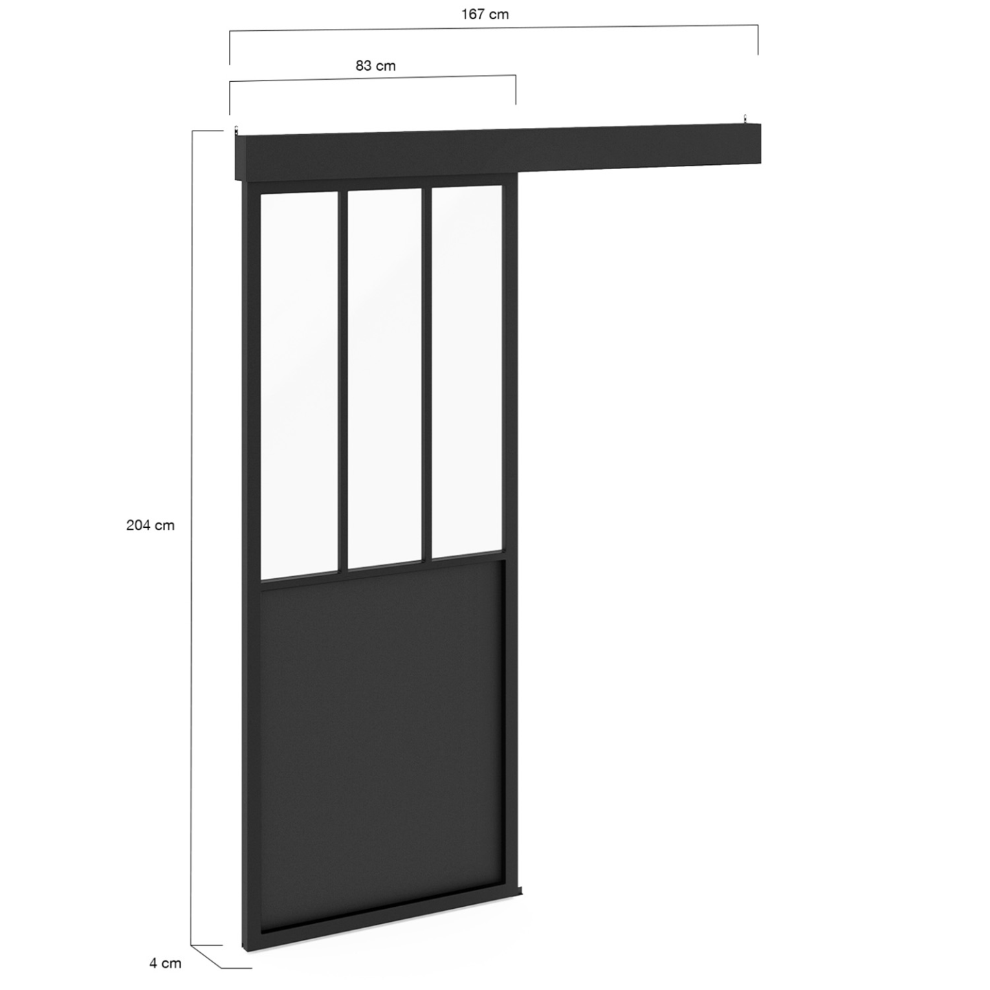 Kit porte coulissante verrière 83 cm en métal + MDF avec rail et fixations - 5