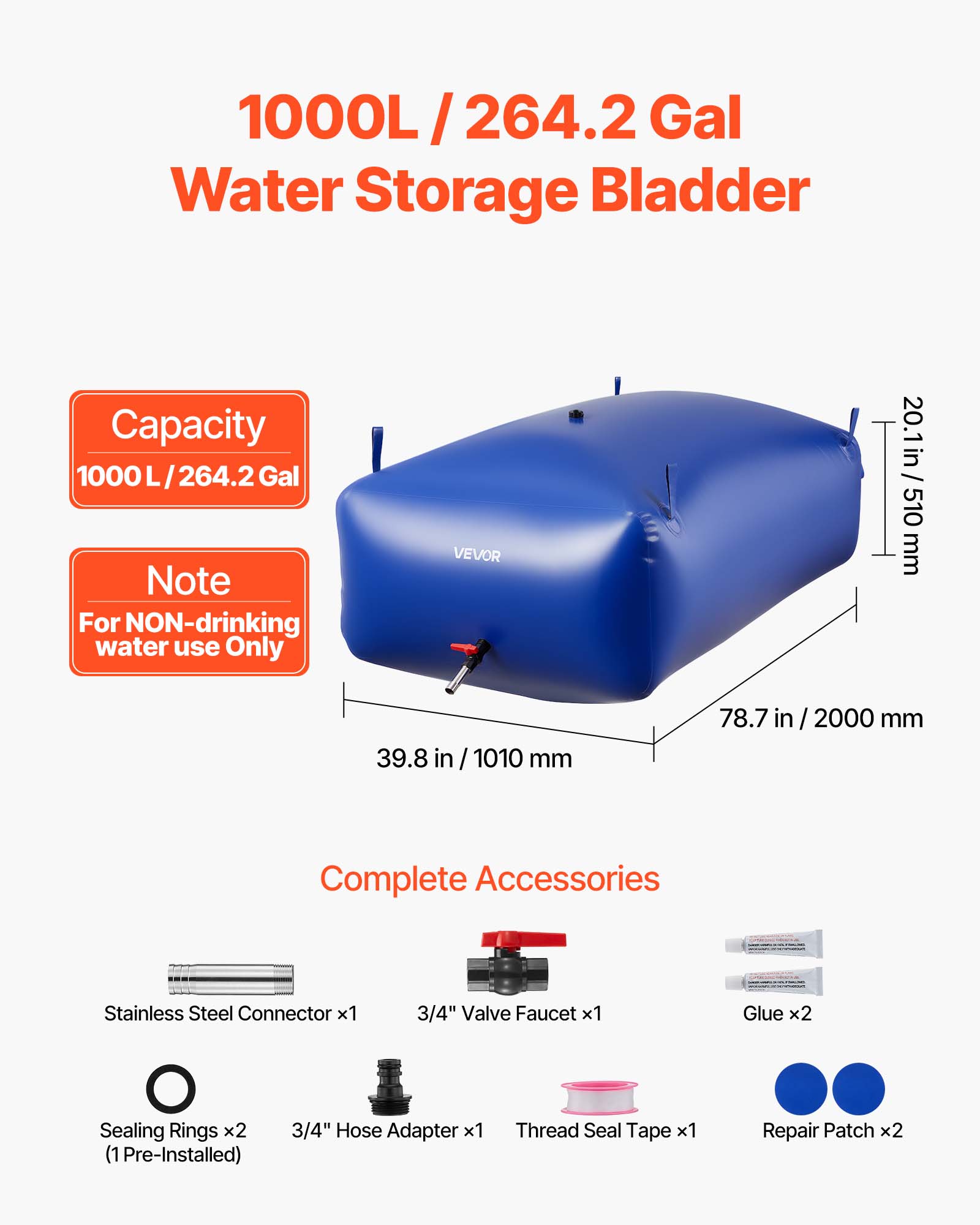 Tanque de Água Flexível VEVOR 1000 L, Bolsa Dobrável em PVC, Grande Capacidade, p/ Jardim, Campismo, Exterior & Emergência, Azul - 2