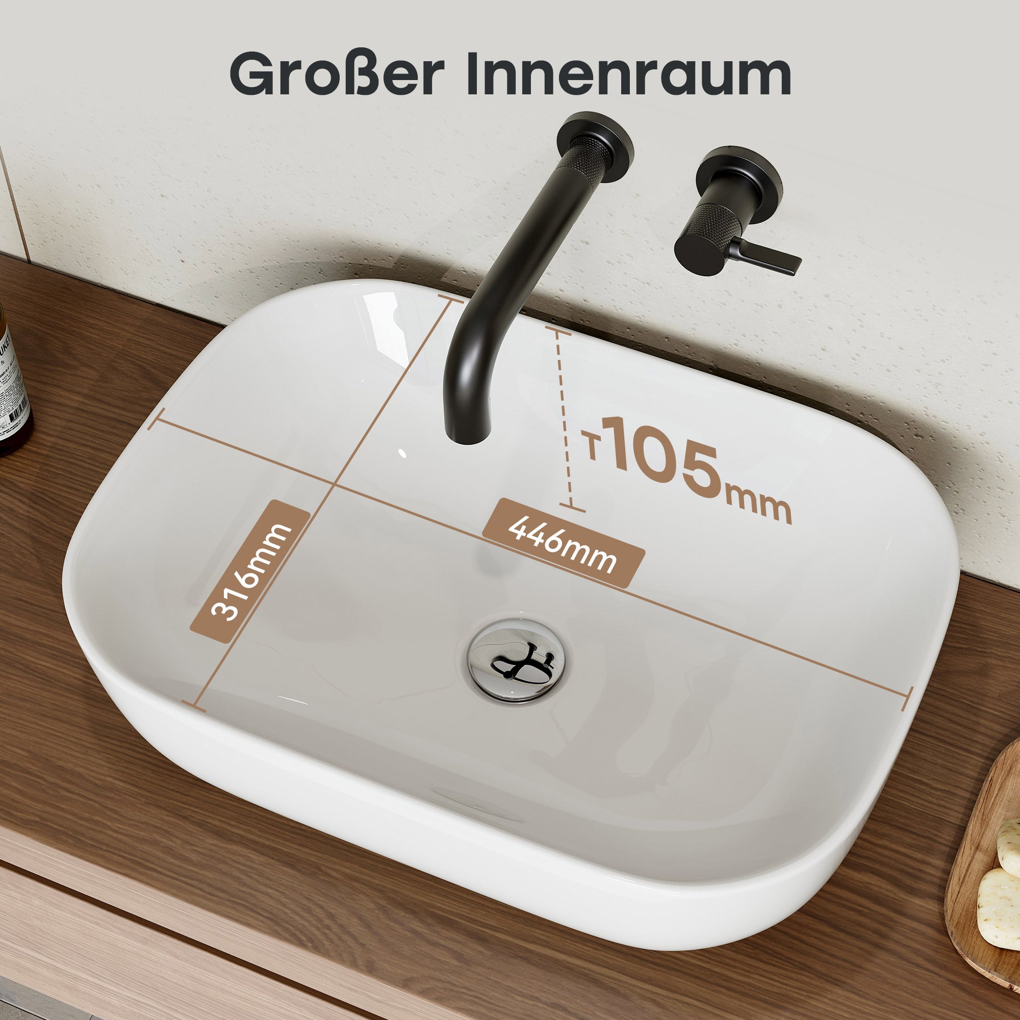 HOROW Lavabo ovale à poser, blanc, 46 x 33 x 13,5 cm, cuit au feu, résistant aux rayures, à écoulement rapide, sans trou de robinetterie ni trop-plei - 6