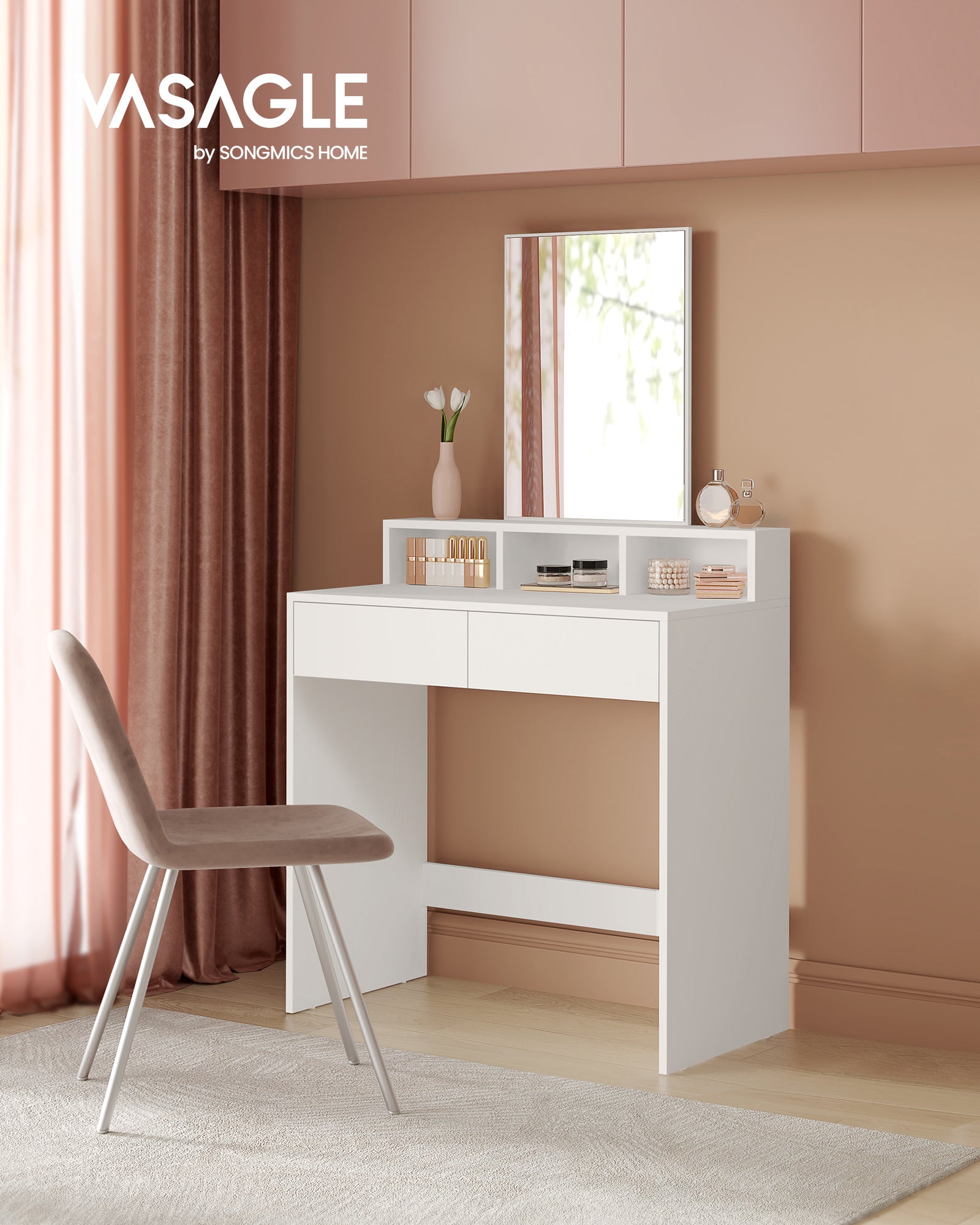Coiffeuse Avec Miroir, 2 Tiroirs, 3 Compartiments De Rangement, 80 x 40 x 140 cm, SANS TABOURET, Style Moderne, Blanc - 8