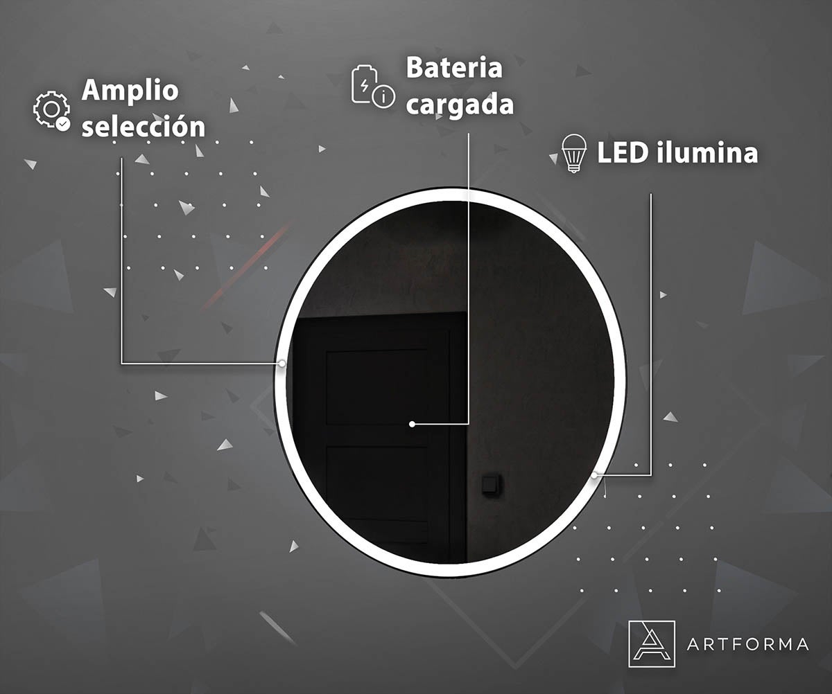 Miroir Rond de Salle de Bain LED - 50x50cm - Sans Fil (Éclairage à Batterie) - Blanc Froid 7000K - 9