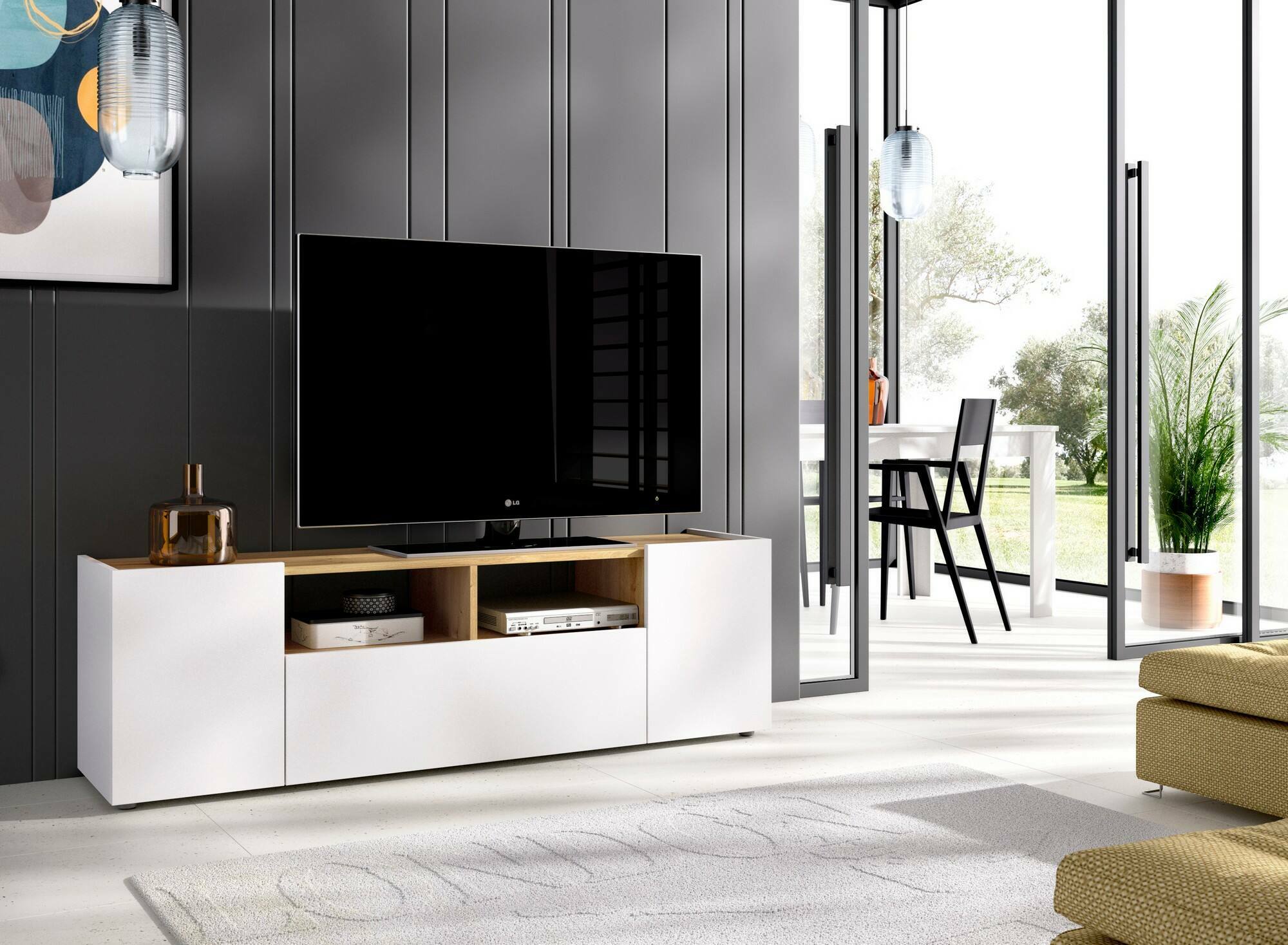 Mobile porta TV Etna, Credenza bassa da soggiorno, Madia da salotto per televisione, 142x35h44 cm, Bianco e Rovere Nodi