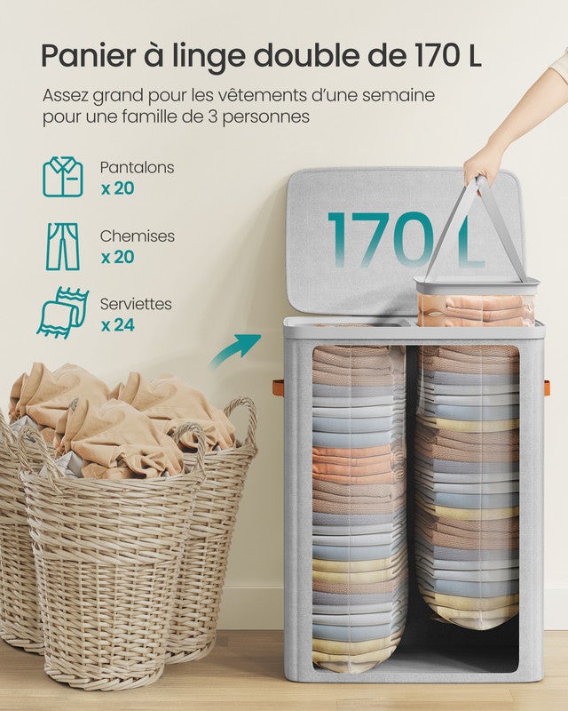 Panier à Linge, Corbeille à Linge Sale de 170 L, avec Couvercle et Poignées, Sacs Internes Amovibles, 56 x 40 x 75 cm, Gris Tourterelle - 5