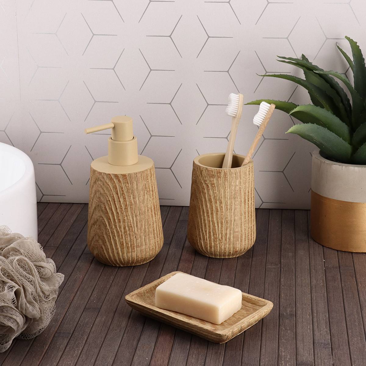 Distributeur a savon en polyresine effet bois 350ml - naturel - Tendance - 2