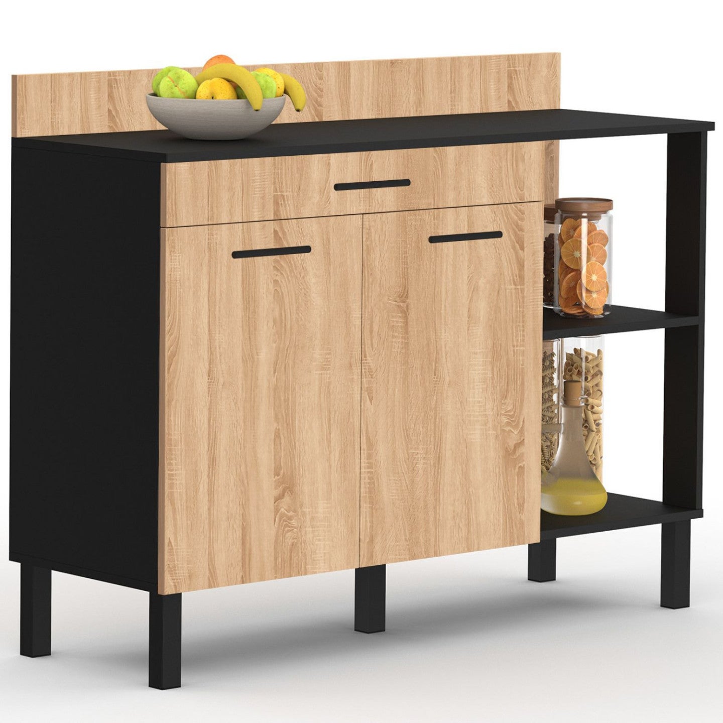 Buffet bas de cuisine 120 cm CINA plan de travail H.83 cm 2 portes + tiroir noir et façon hêtre - 2