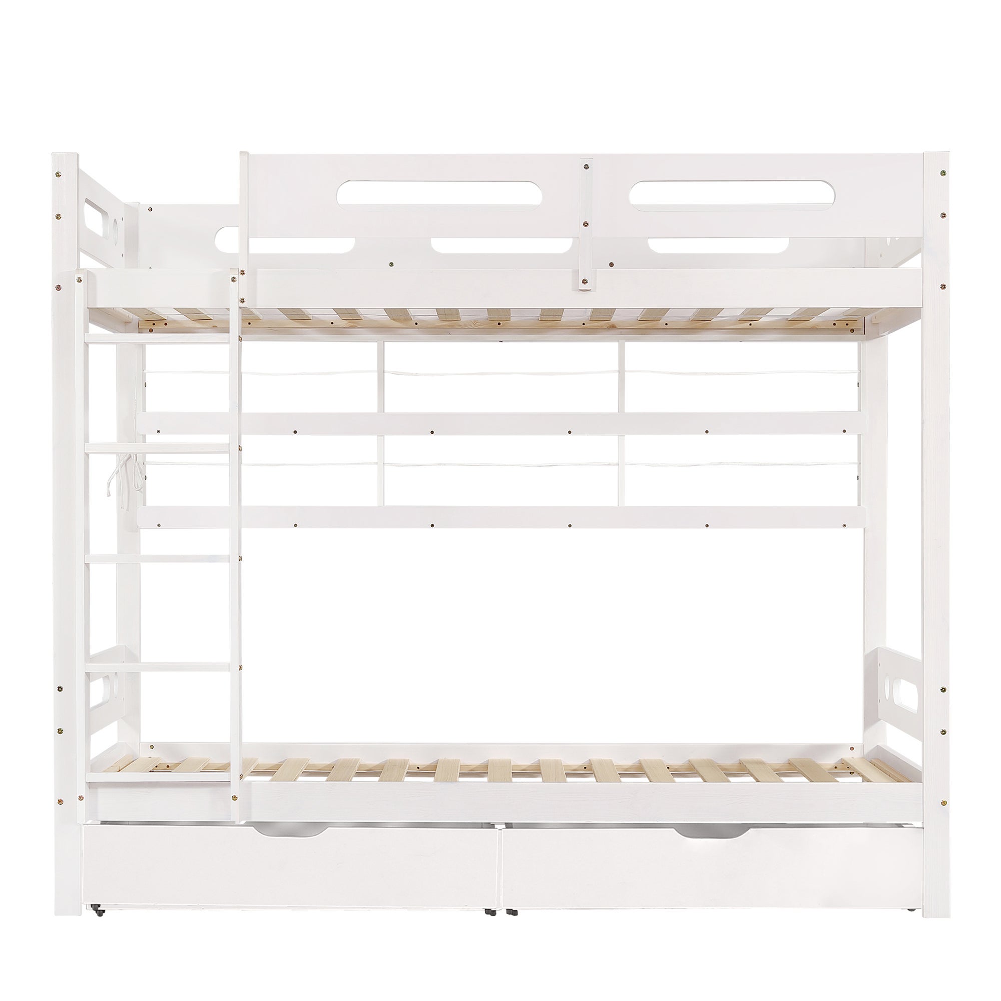 Lit superposé 90x200 cm - avec 2 tiroirs - avec des étagères ouvertes - Bois massif + MDF - Blanc (sans matelas) - 7