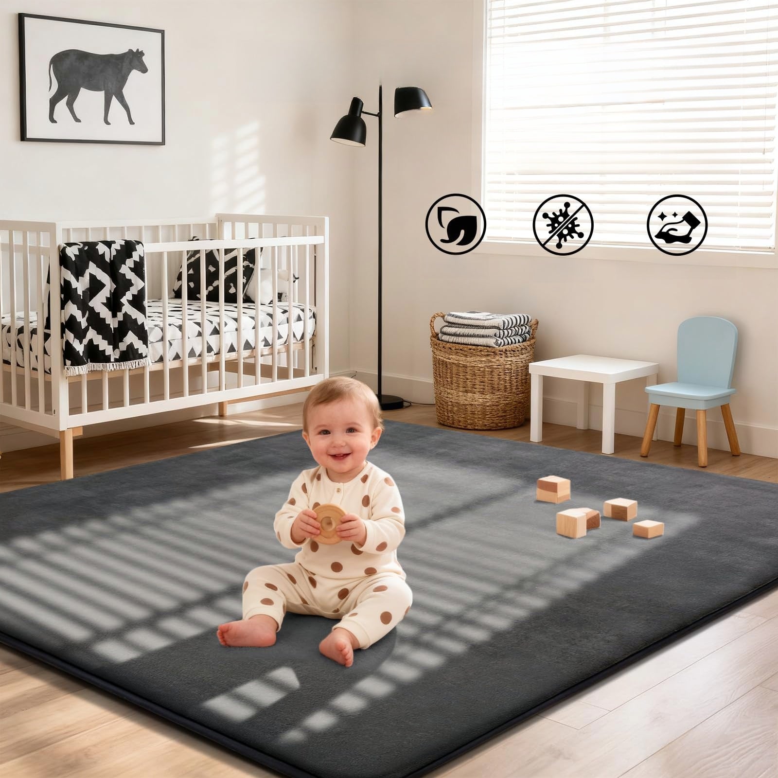 LEDANDER Tapis de sol épais multifonctionnel, tapis de jeu antidérapant en dessous, en mousse éponge, gris foncé, 127*127cm [3cm d'épaisseur] - 4
