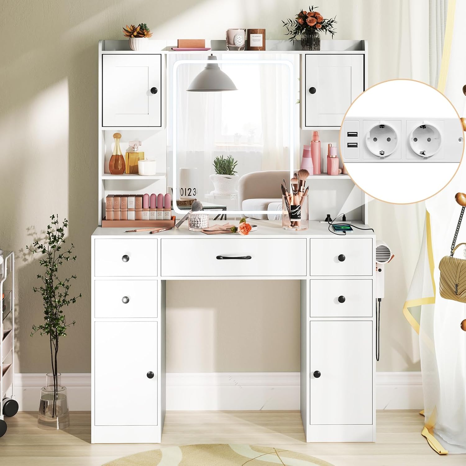 GarveeHome Scrivania Trucco Con Specchio E Luci LED 3 Colori, Bianco, Con Cassetti Visibili, Stazione Di Ricarica USB E Prese, Sgabello Incluso