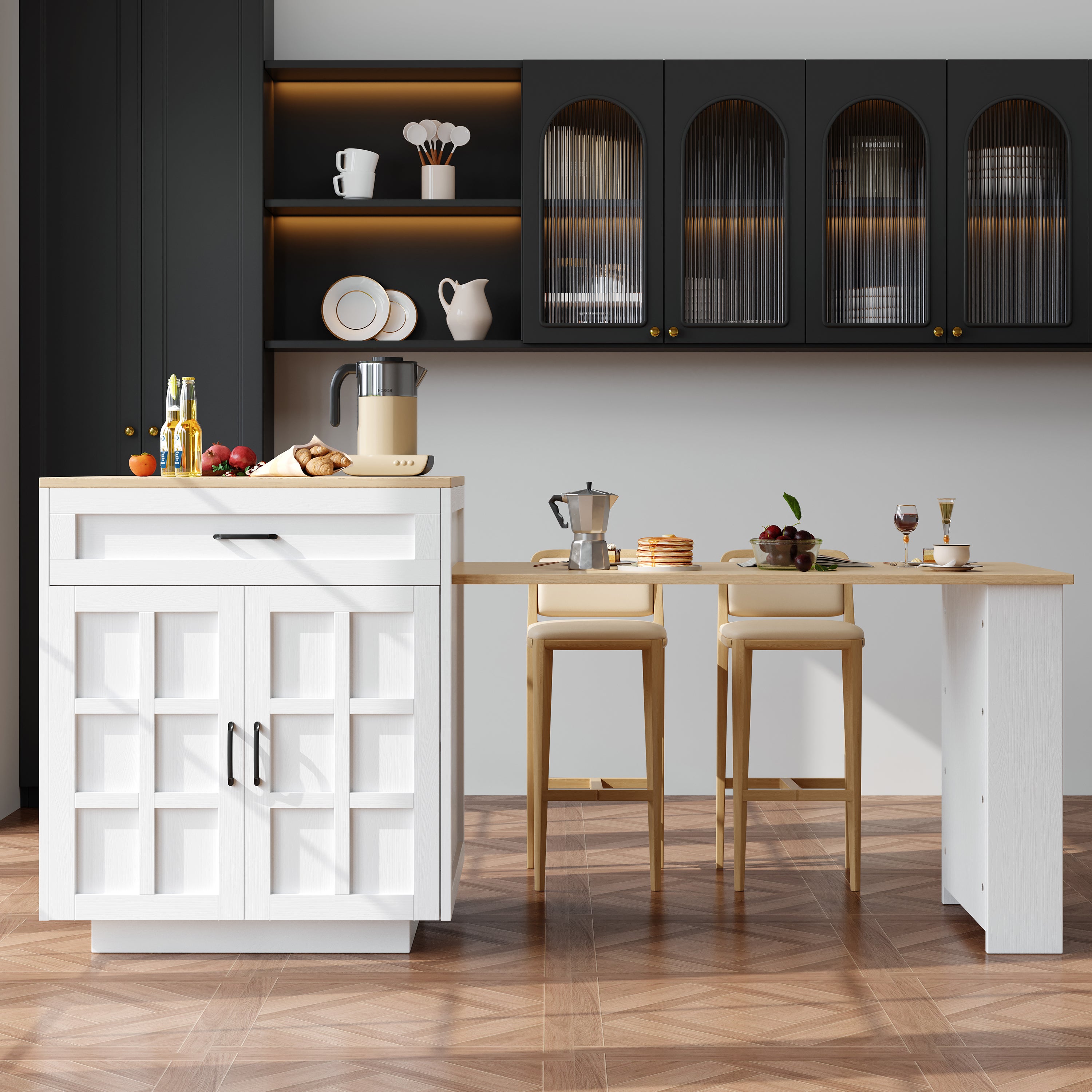 Ilot central de cuisine, table à manger 4 à 6 couverts - 2 tiroirs, 2 portes et étagères - 133/202 x 70 x 93.5 cm - MDF - Blanc - 4
