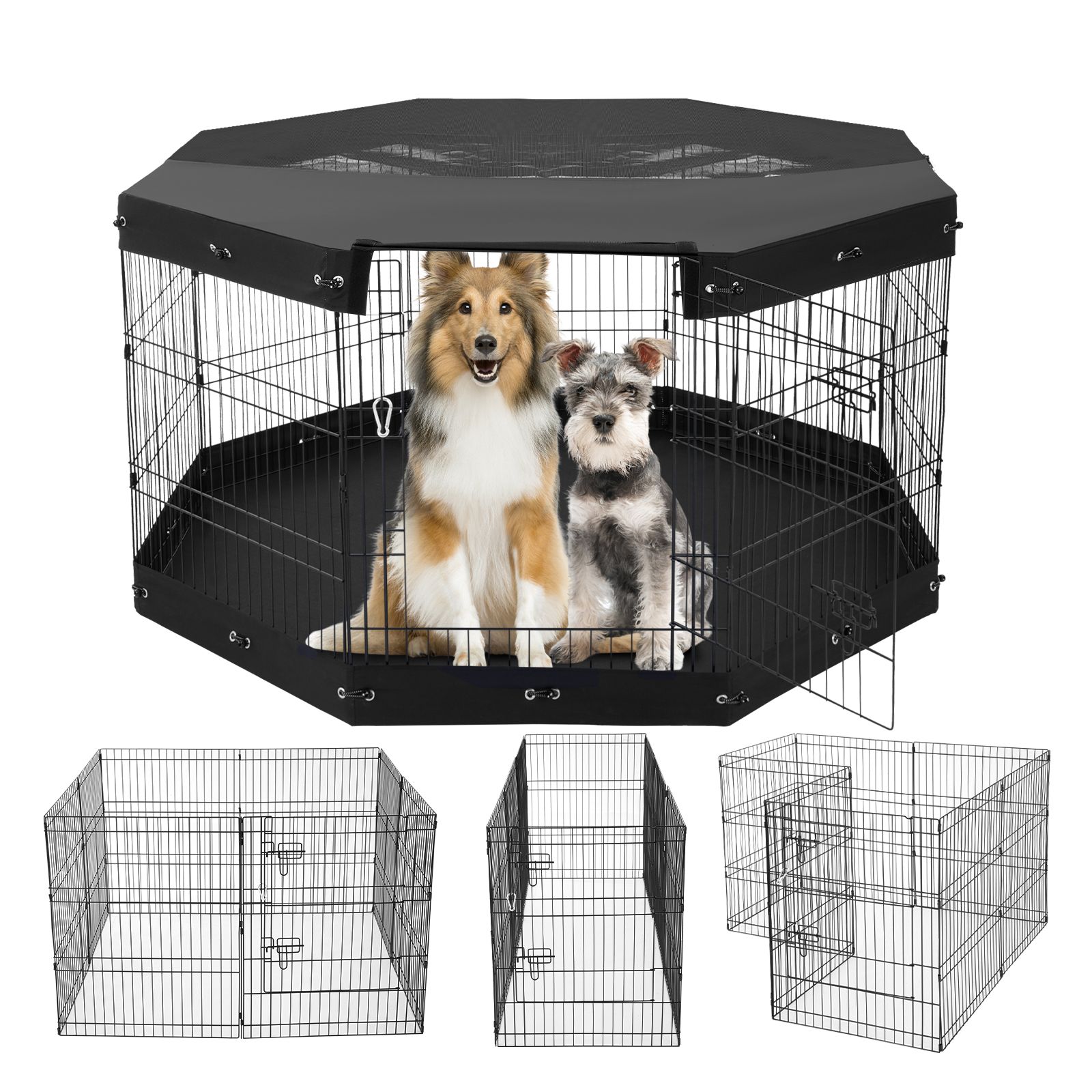 VEVOR Recinto Cani 160x160x76 Cm, Pieghevole 8 Pannelli In Metallo Con Porta, Tappeto E Copertura Protettiva, Per Piccoli Animali, Interno/Esterno