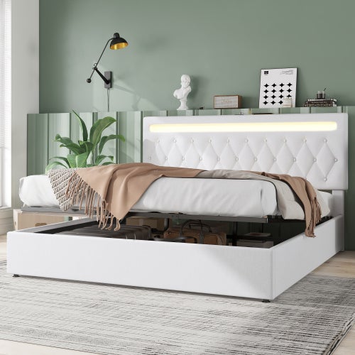 Łóżko tapicerowane 180 x 200 cm, łóżko dwuosobowe z miejscem do przechowywania i portami USB i Type-C, białe - 2