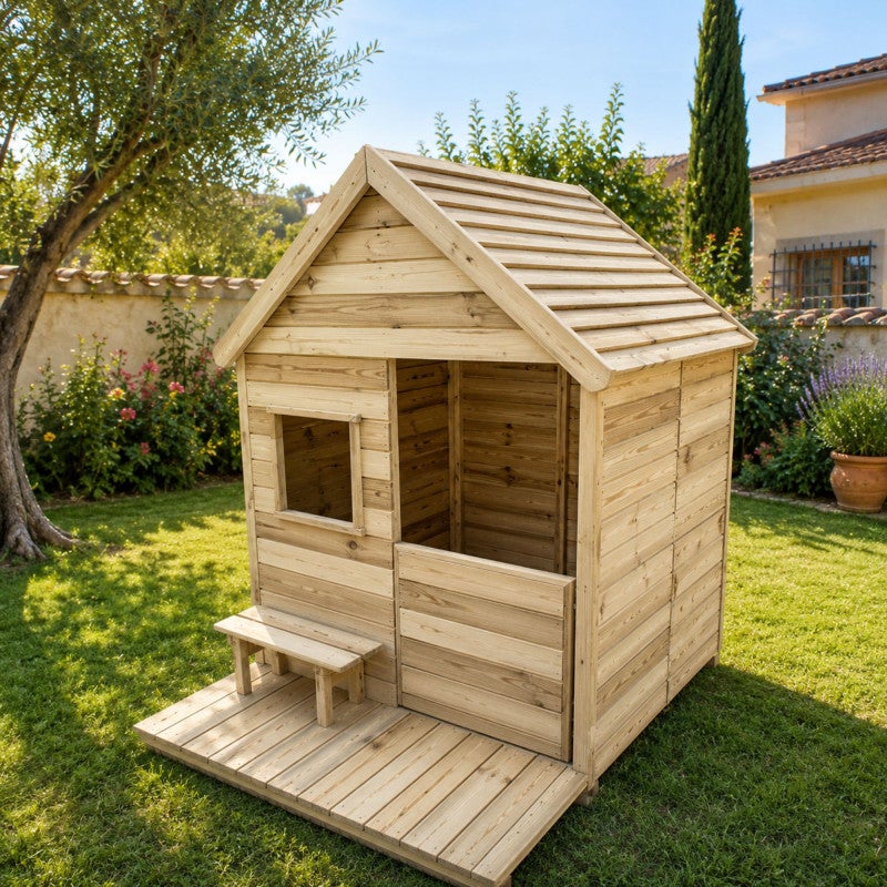Cabane en bois traité avec terrasse et banc HEIDI - 2