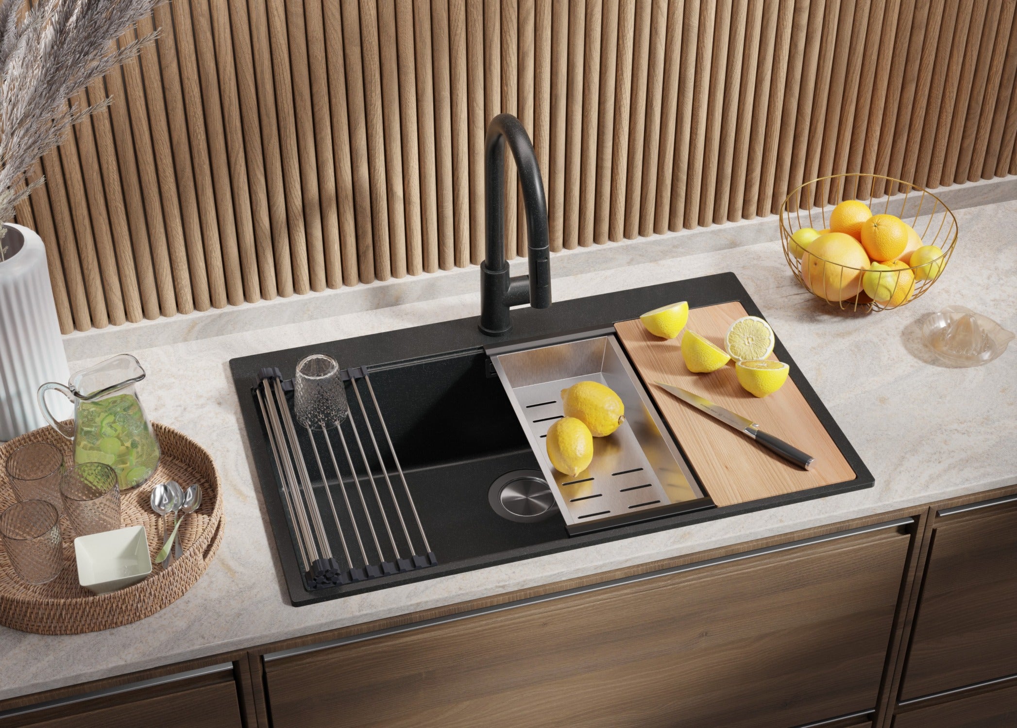 PRIMAGRAN Fregadero Bajo Encimera Todo Negro 56x47cm, Cocina 1 Seno + Sifón, Granito Al Mueble 60cm - London S178