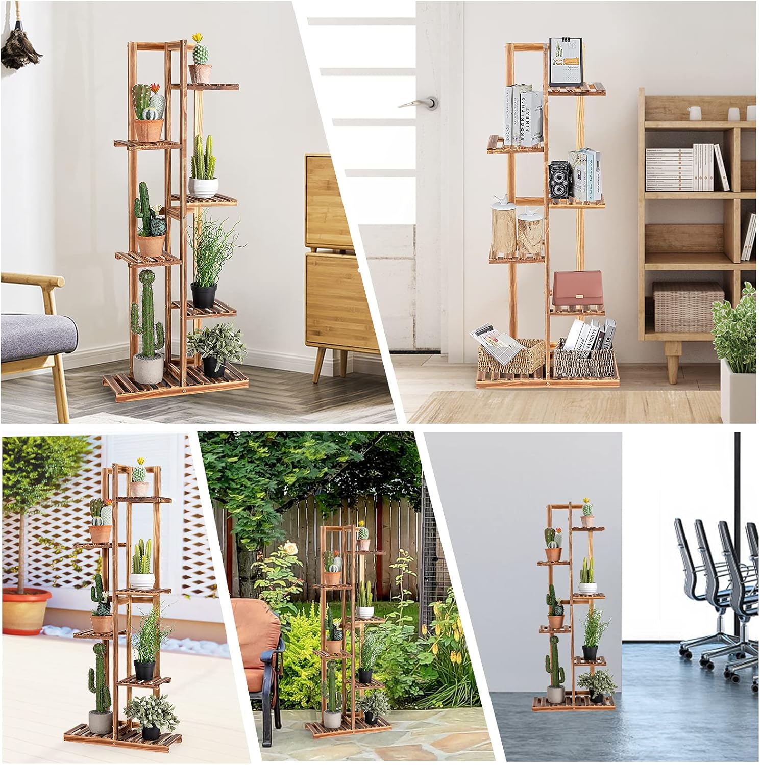Porte-plantes à 6 Niveaux, Étagère à Fleurs en Bois de Pin, Support à Plantes pour Jardin, Balcon, Extérieur et Intérieur (6 Niveaux) - 8