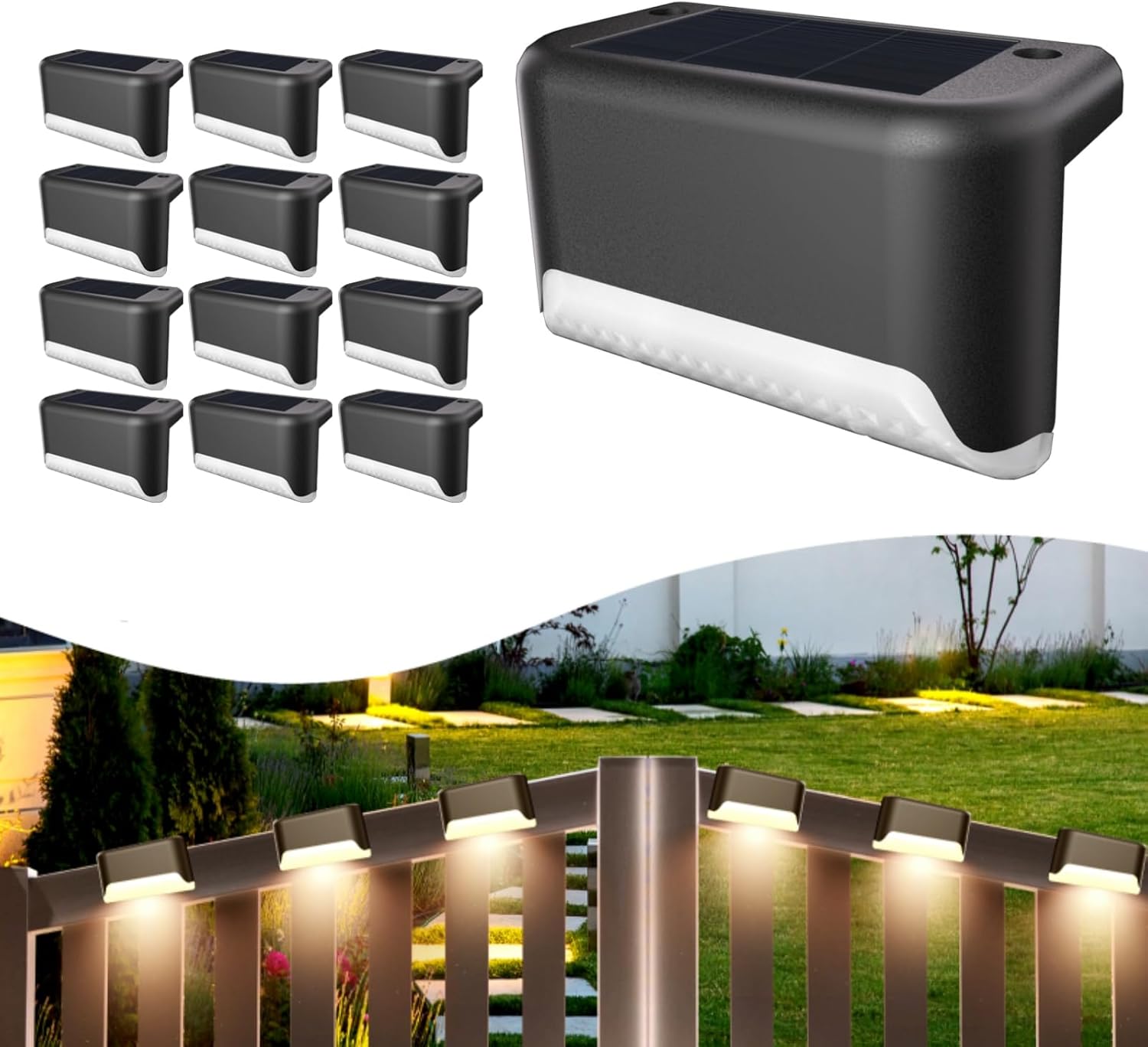 12 wodoodpornych lamp solarnych LED do schodów, stopni, poręczy i tarasów (ciepła biel, czerń)