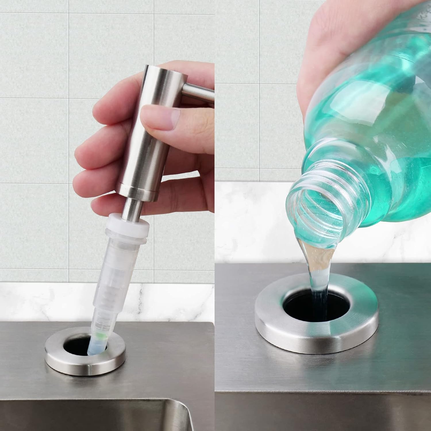 Distributeur de savon encastrable pour cuisine et salle de bain avec pompe en acier inoxydable, remplissage par le haut, argent - 4