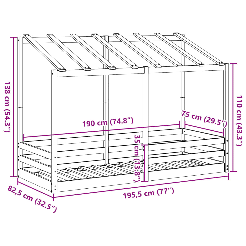 Lit pour enfants avec toit 75x190 cm bois massif de pin - 9