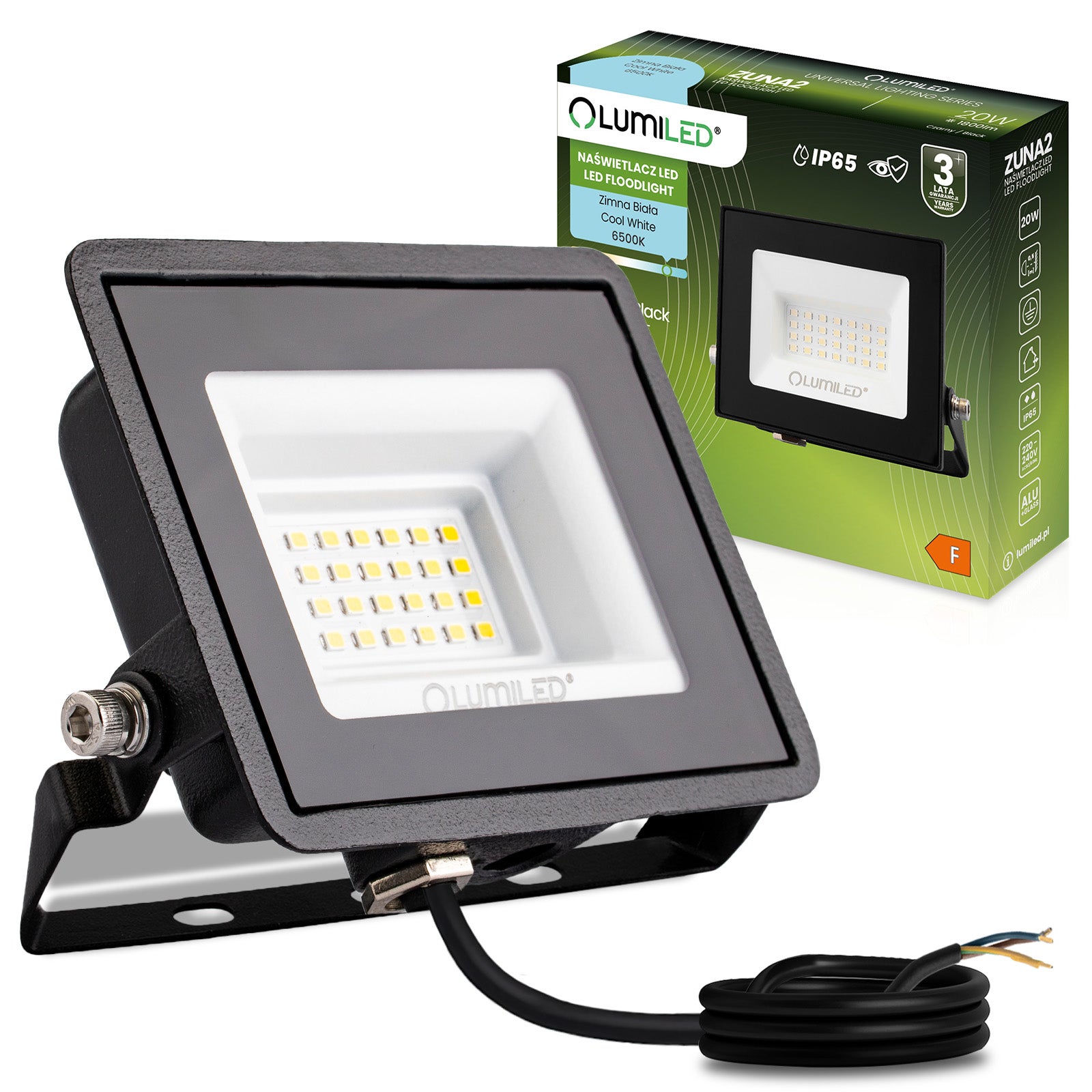 Naświetlacz LED Lumiled 20W 1800lm 6500K Zimna biel IP65 Czarny 1 szt.